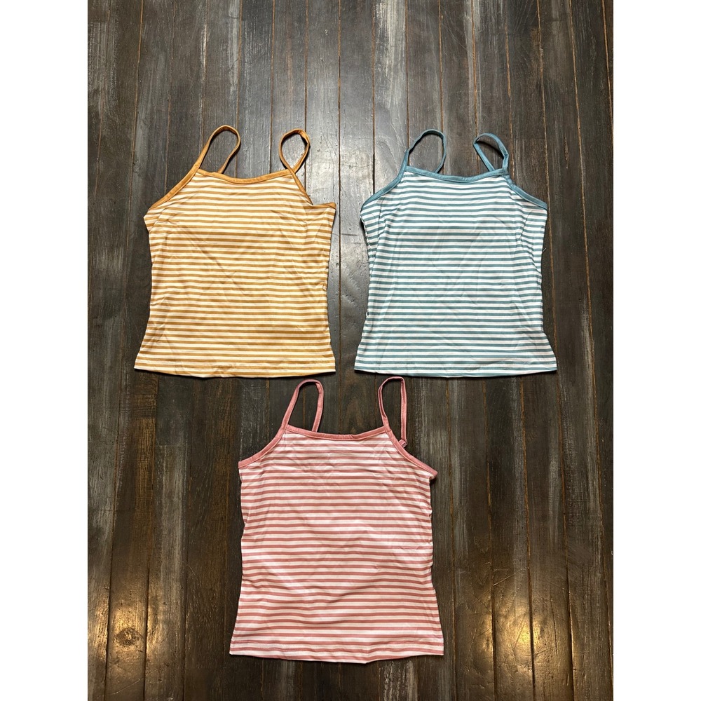 SHEIN 3 Striped Camisole Tops Adjustable Straps Pink Blue Yellow